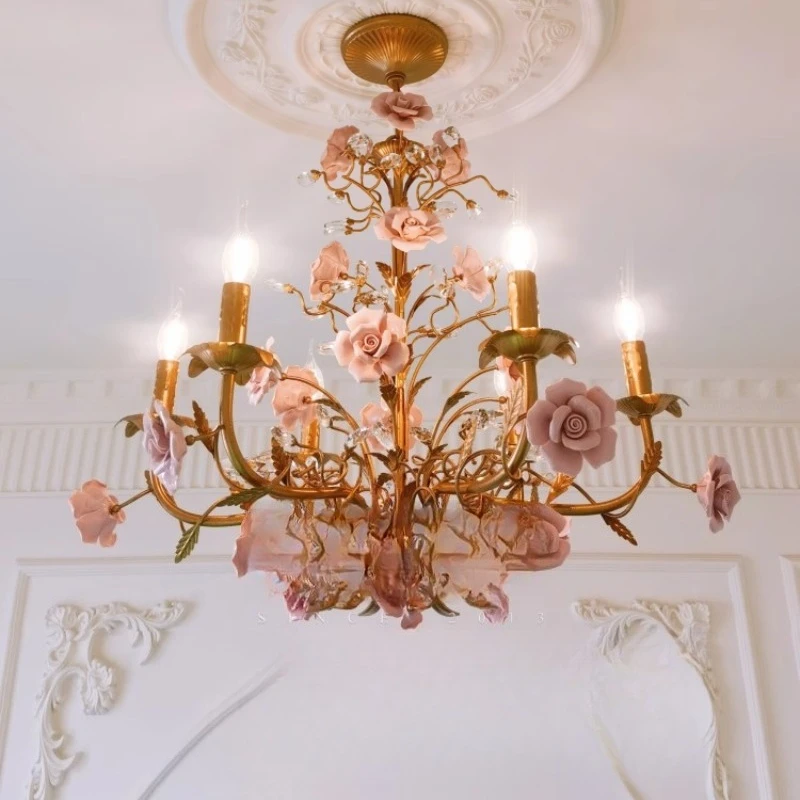 

French retro pastoral chandelier rose clothing store guest dining room candle light American country