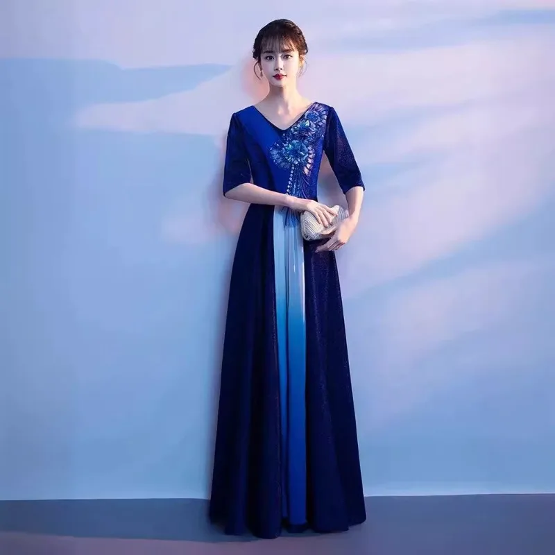 Robe de soirée élégante brodée pour femmes, col en v, à la mode, Slim, demi-manches, fermeture éclair au dos, robe longue à reflets, nouvelle collection 2026