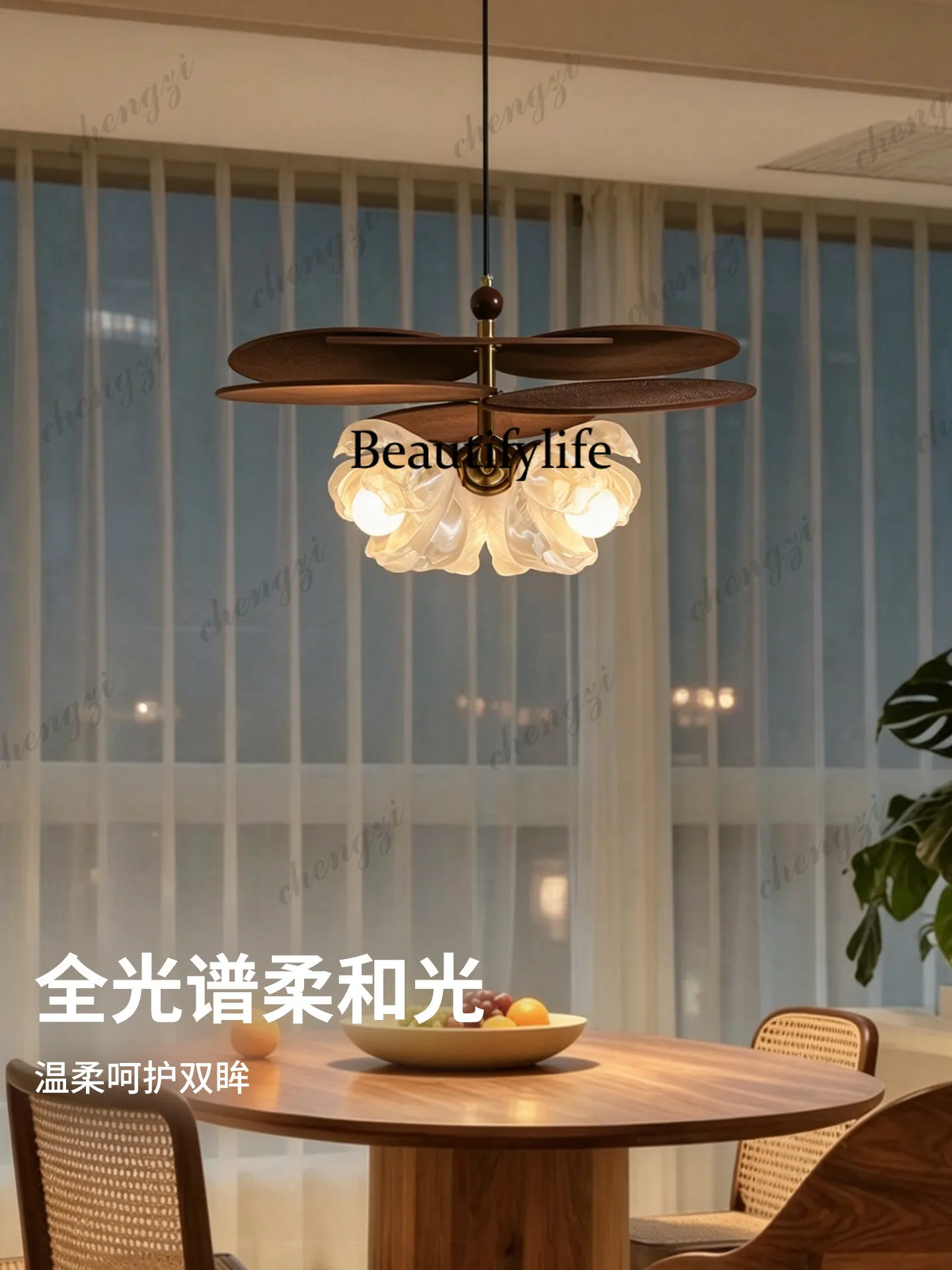 Medieval restaurant chandelier retro walnut color raffia rattan design petal wabi sandy wind B & B