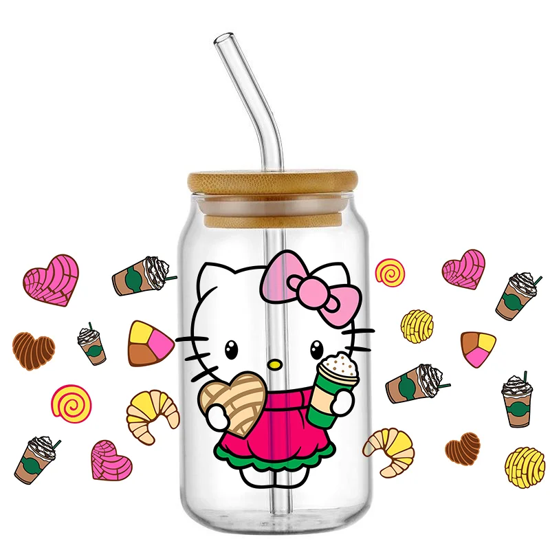 Libbey 16oz için Miniso karikatür sevimli kedi Can cam 3D su geçirmez UV DTF kahve Libbey cam Wrap sarın olabilir