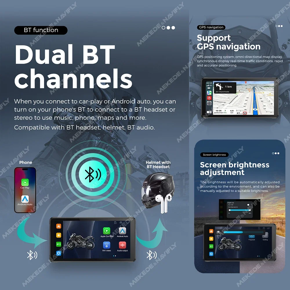 무선 카플레이 안드로이드 자동 휴대용 오토바이 모니터, IPX7 방수, 5.5 인치 LCD 디스플레이, 내비게이션 대시 캠, GPS