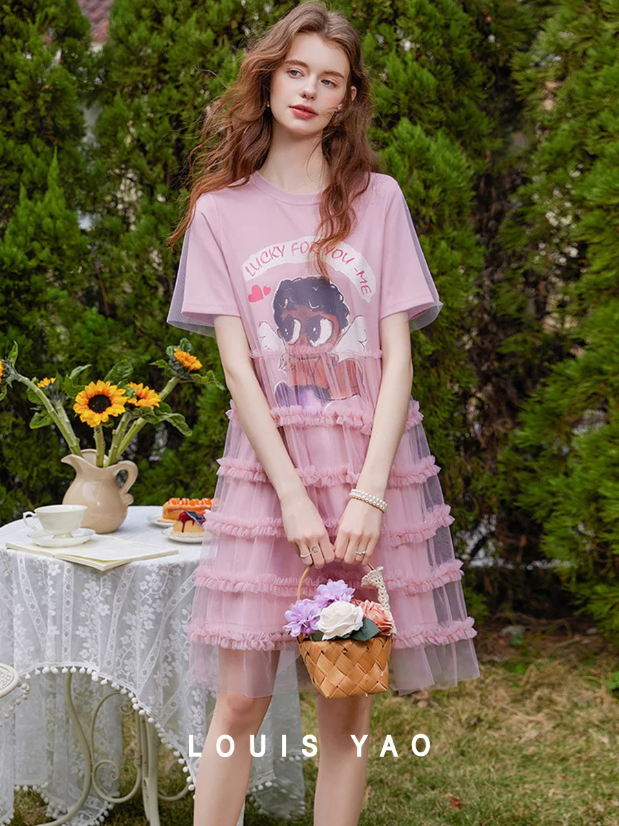 LOUIS YAO 2025 Summer Fake Two Piece Mesh Splicing T-shirt Skirt Fashionable Age Reducing Cartoon Printed Short Sleeve Dress