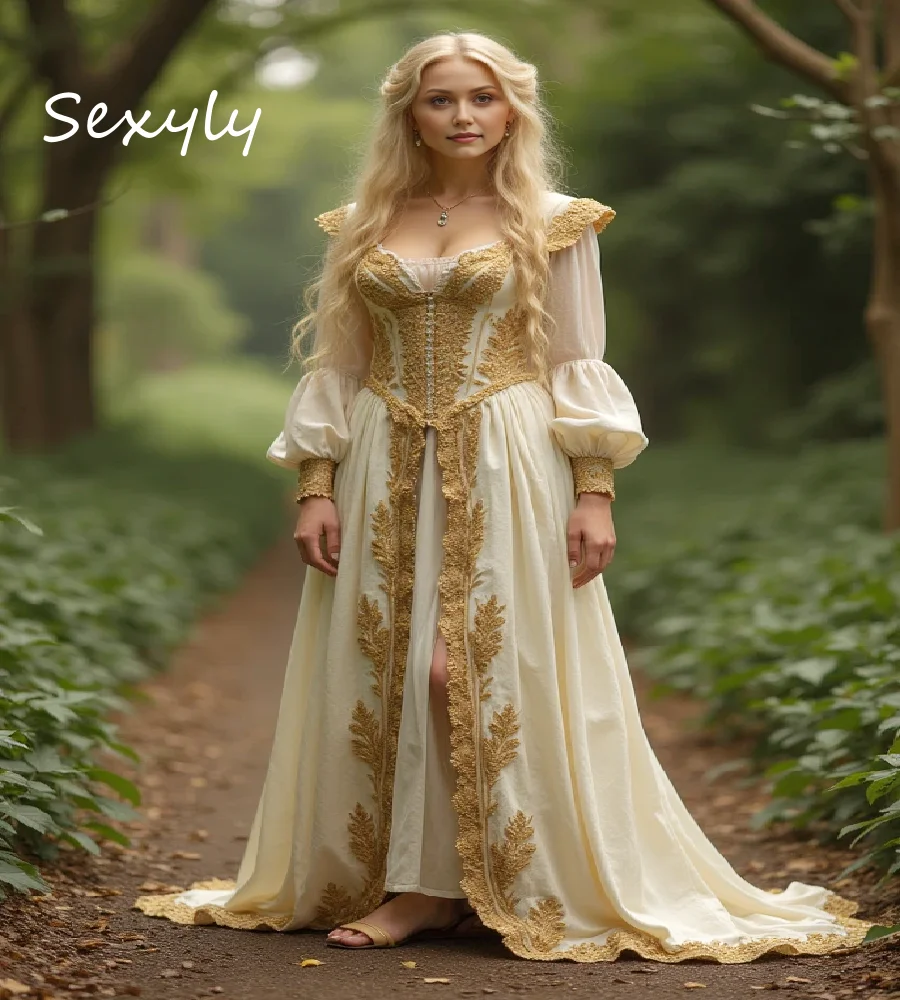 

Historical Tudor Medieval Evening Dress Long Sleeve Gold Lace Renaissance Prom Dress Celtic Peasant Formal Party GownCustomized