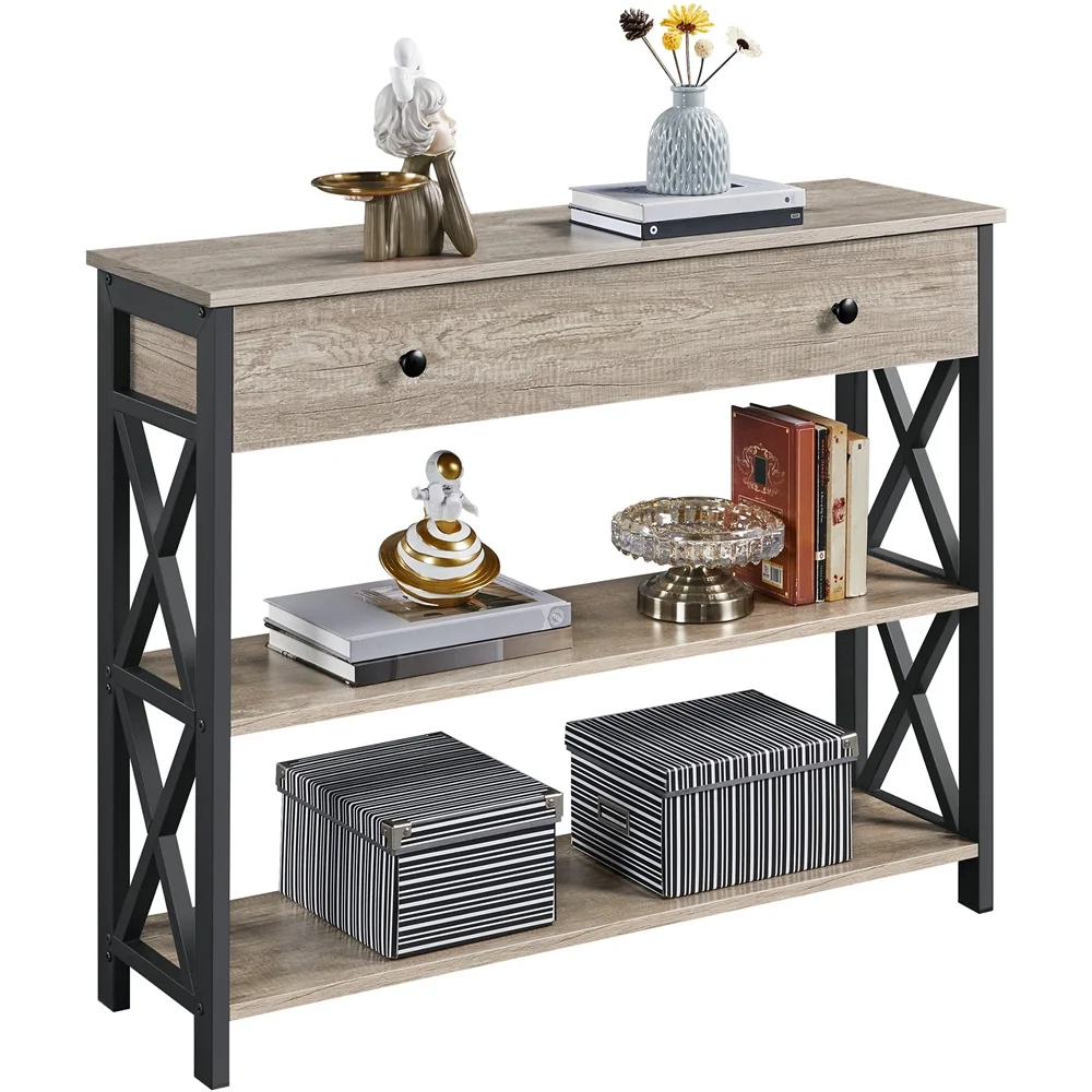Console Table with Drawer and Storage Shelves, 3-Tier Sofa Table, Entryway Table with Metal Frame for Living Room Hallway image 2