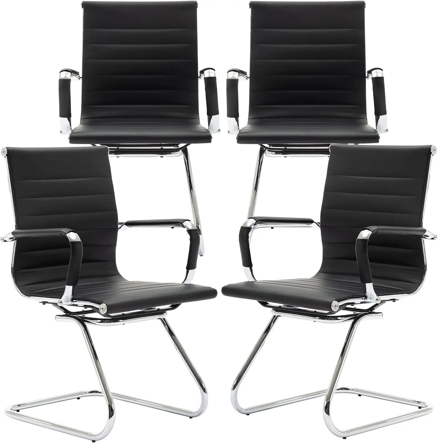 Black Office Desk Chair No Wheels Set Of 4 Pu Leather Computer Chairs Mid Back Guest Chairs For School Reception Conference