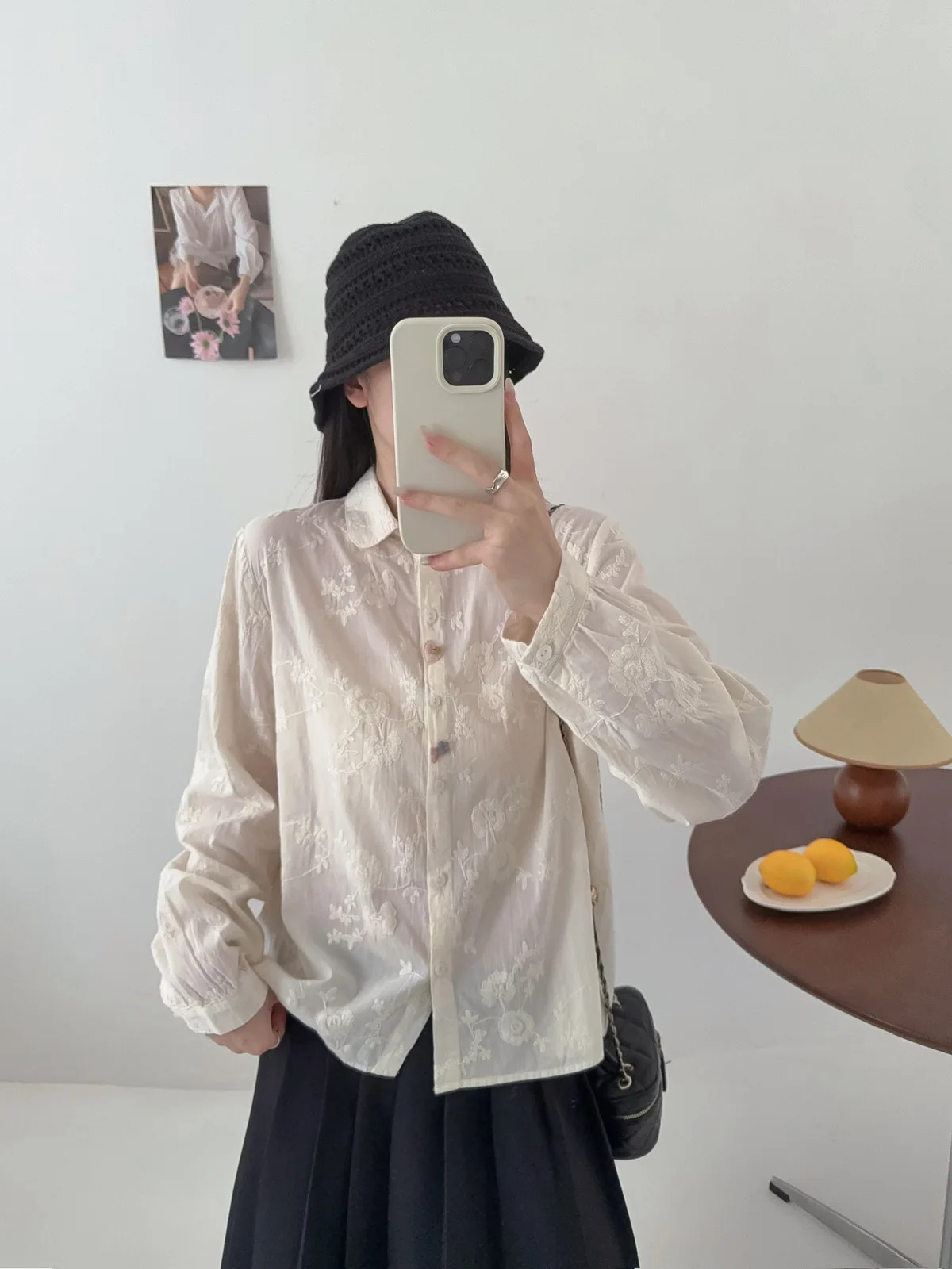 جديد 2025 الخريف قميص قطني بكم طويل ، المرأة بدوره إلى أسفل طوق التطريز ، موري فتاة الحلو البراري شيك بلوزة فضفاضة T5O455CC #2