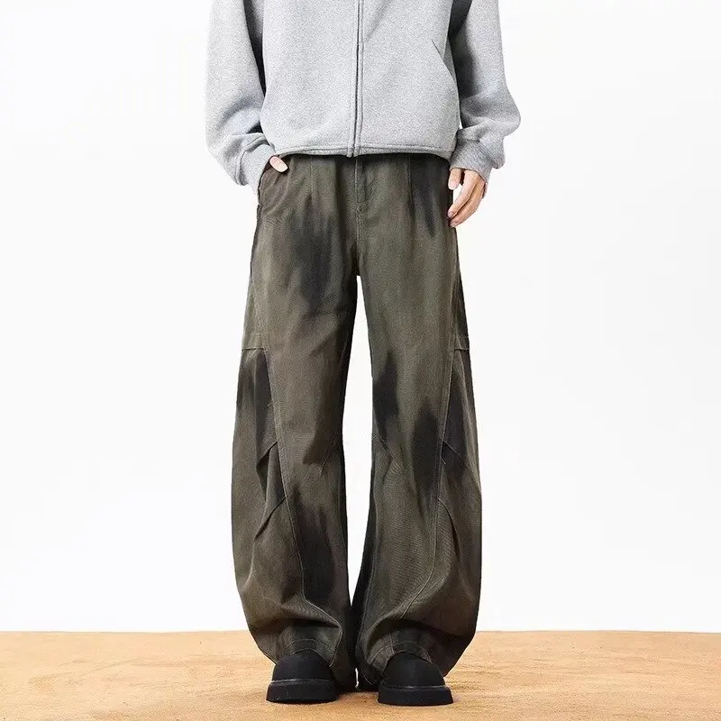 Pantalones Cargo de pierna ancha plisados a la moda para hombre, diseño de silueta de Hip-hop americano, monos de vaquero lavados, pantalones vaqueros de calle Unisex