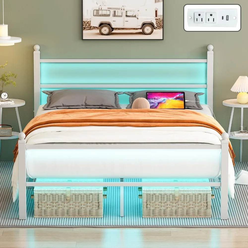 

Full Size Bed Frame with Headboard and Footboard, LED Lights and Charging Station, No Box Spring Needed, Sturdy&Noise Free