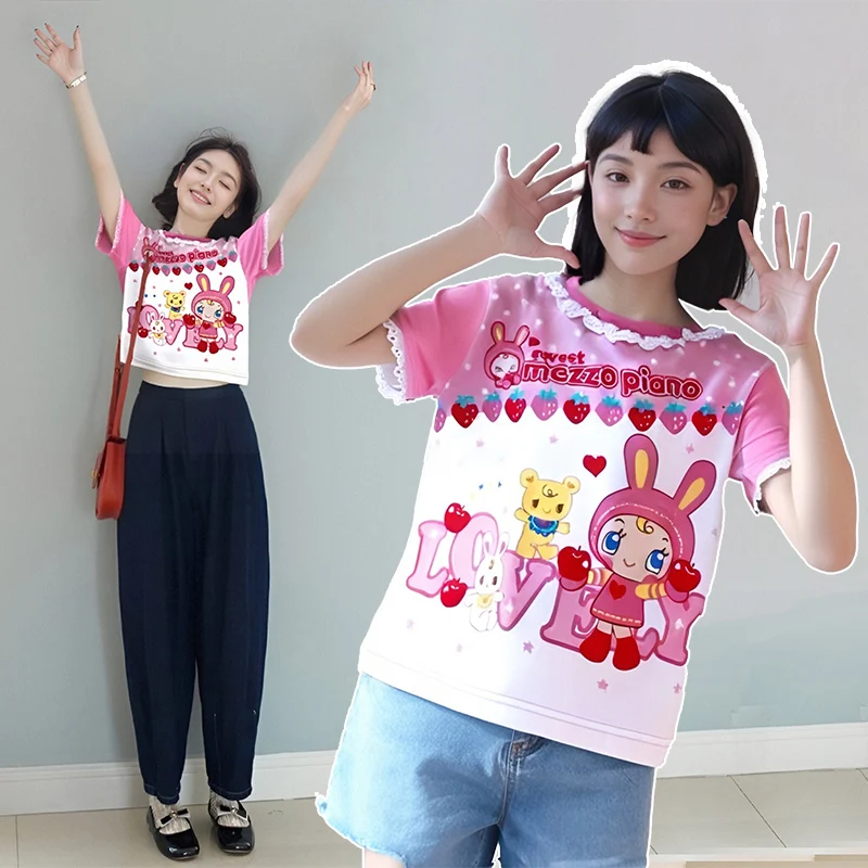 Japanese Cute Kawaii Tops Y2k Women Girls Casual Harajuku Short Sleeves Tees Lolita Cartoon Print Sweet Summer 2024 T Shirt