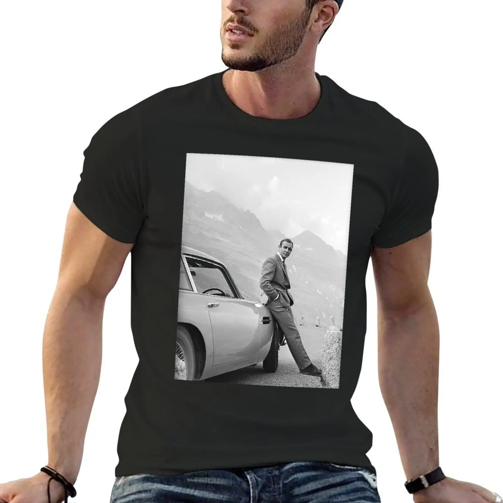 Sean Connery and Sports Car, Black and White Vintage Art Classic T-Shirt T-shirts oversize plus size tops luxury clothes men