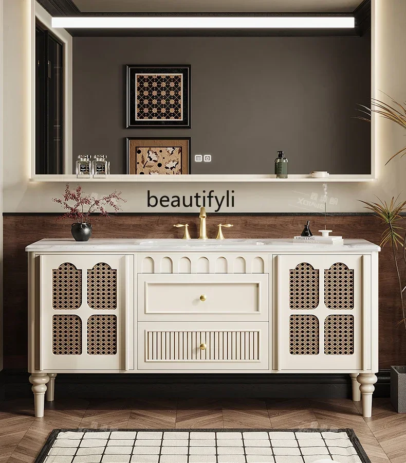 cqyOak French Style Bathroom Cabinet Combination Bathroom Luxury Stone Washstand Floor-Standing Wash Basin Cabinet