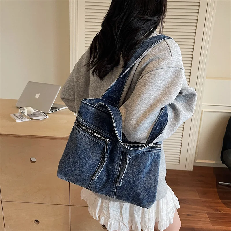 

2025 Korean Instagram Hong Kong Style Denim Tote Large Lightweight