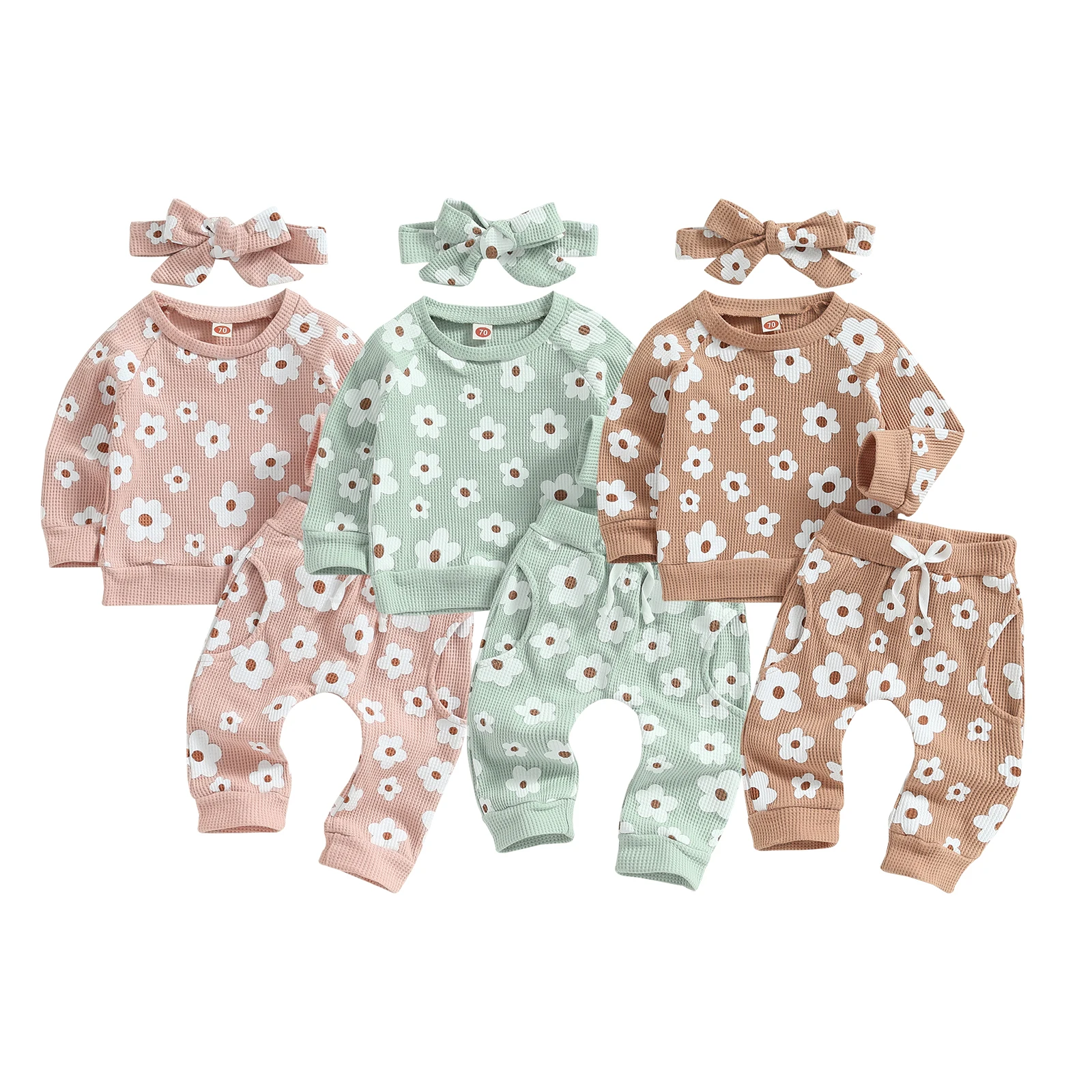 0-24M Infant Baby Girl Autumn Clothes Set 3pcs Flower Print Long Sleeve Sweatshirt Tops Pants Bow Headband