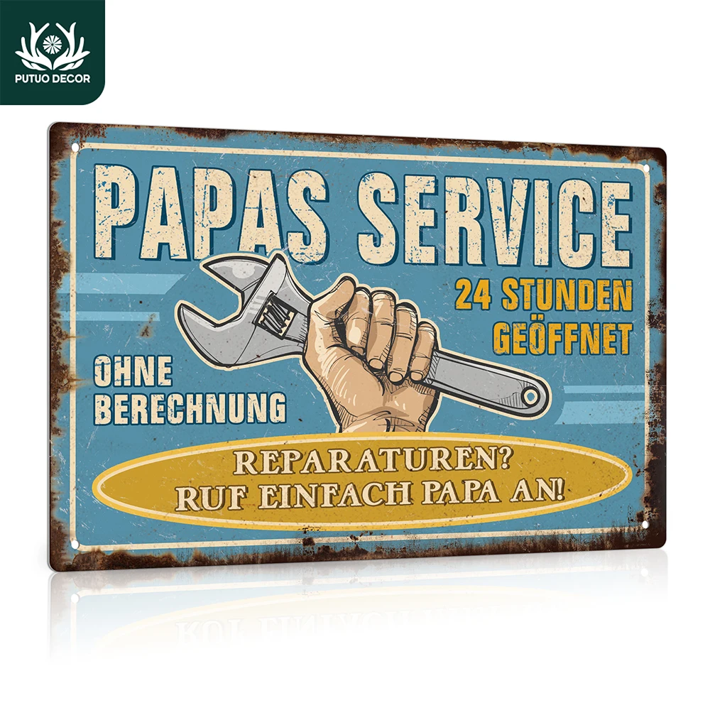 Putuo Decor 1 Stück deutsches Vintage-Metallblechschild, Papas Service, Wandkunst-Dekor für Zuhause, Bauernhaus, Werkzeug, Zimmer, Garage, Geschenk