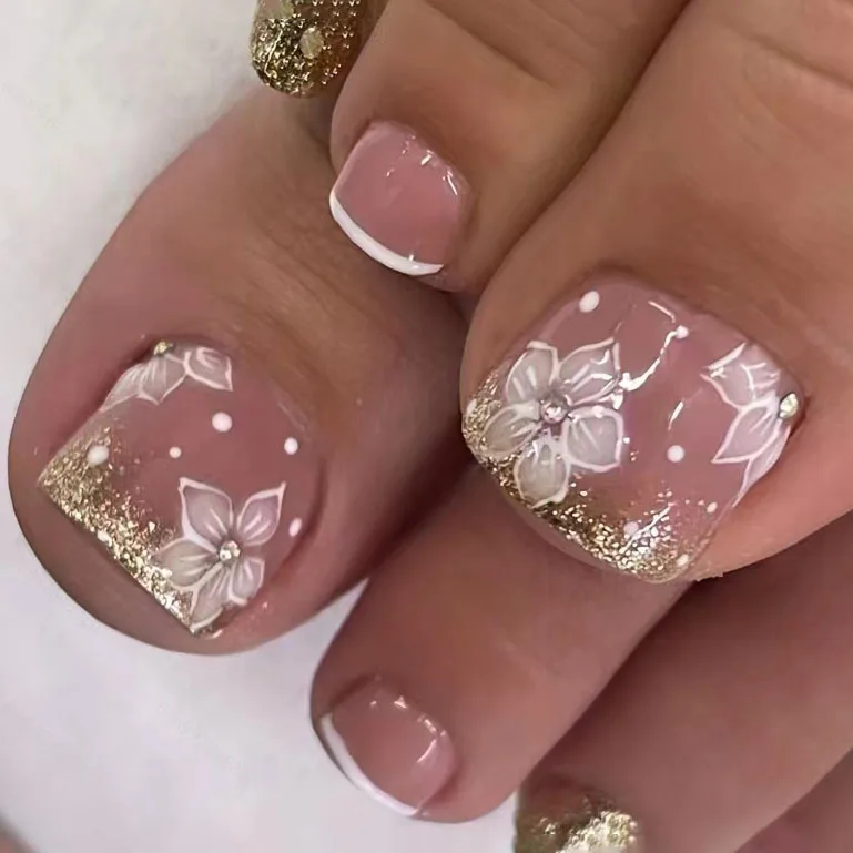 

24Pcs Short Square Head French False Toenail Shiny Powder Rhinestone Design Art Flower Pattern Wearable Press on Fake Nails Tips