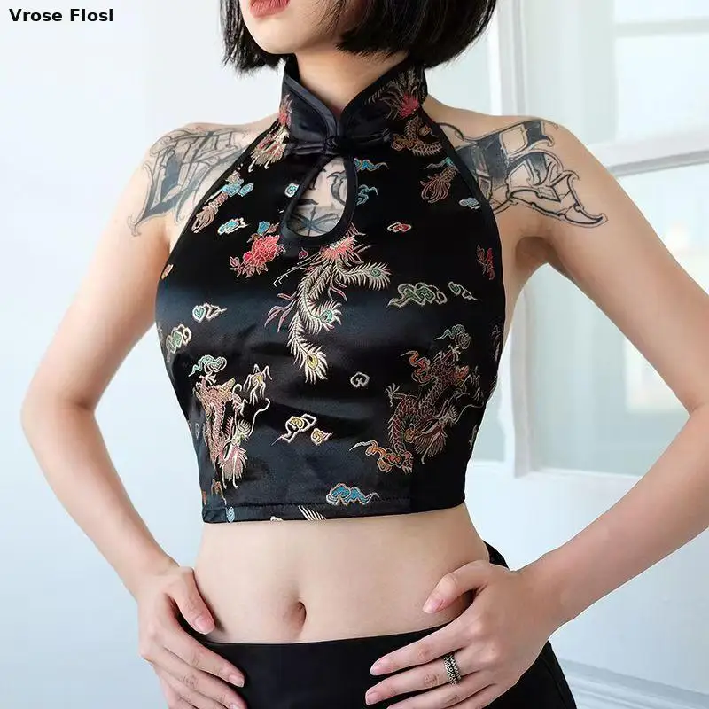 2025 Dragon Embroidery Sexy Cheongsam Crop Top Backless Halter Vintage Asian Party Tops Silk Chinese Summer Fashion Qipao Vest
