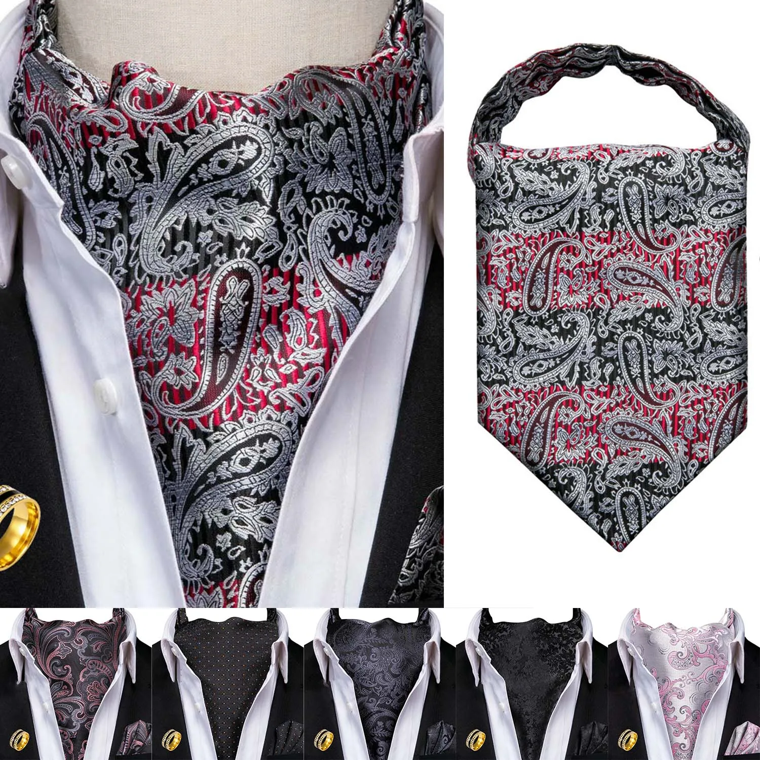 

Ascot Tie Set, Classic Cravat with Pocket Square & Decorative Ring, Fashion Men's Neck Accessories Wedding Party silk Daily Wear