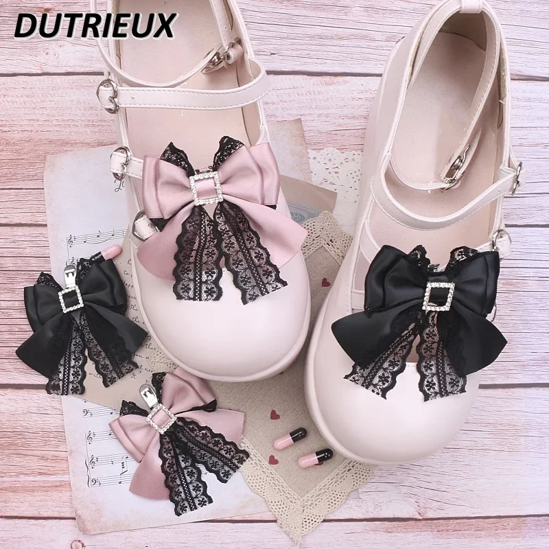 Handmade Japanese Style Mine Ornament Lace Bow Shoe Clip Buckle Decorations for Women Sweet Cute Girls Shoes Accessories