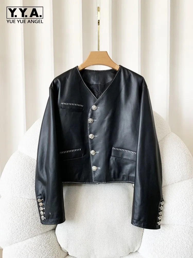 Elegant Office Ladies Genuine Leather Short Jacket V Neck Single Breasted Fashion Designer Spring Autumn Women Sheepskin Coat