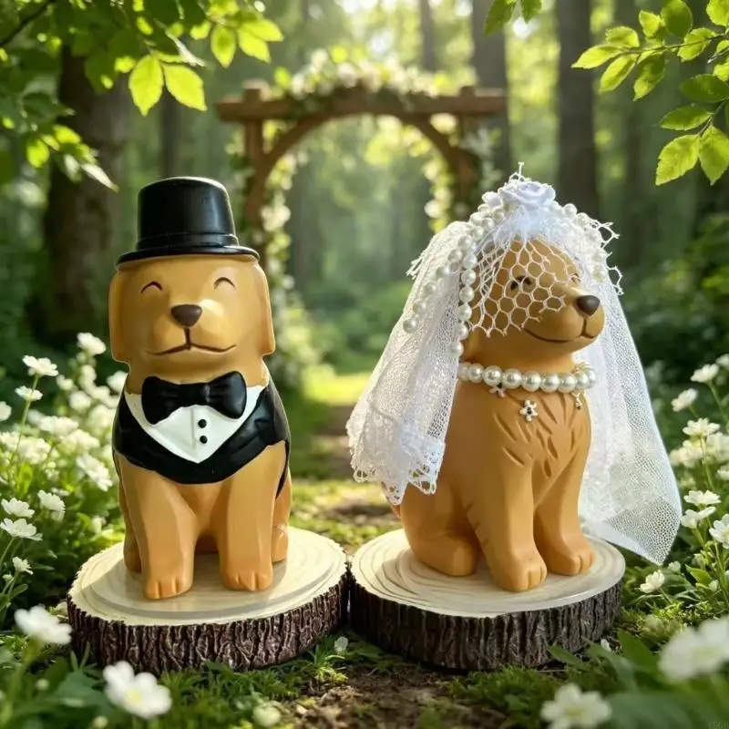 Bride and Groom Dog Figurine, 2-Piece Wedding Dog Statue Animal Sculpture on Individual Round Bases for Shelves and Y5GB