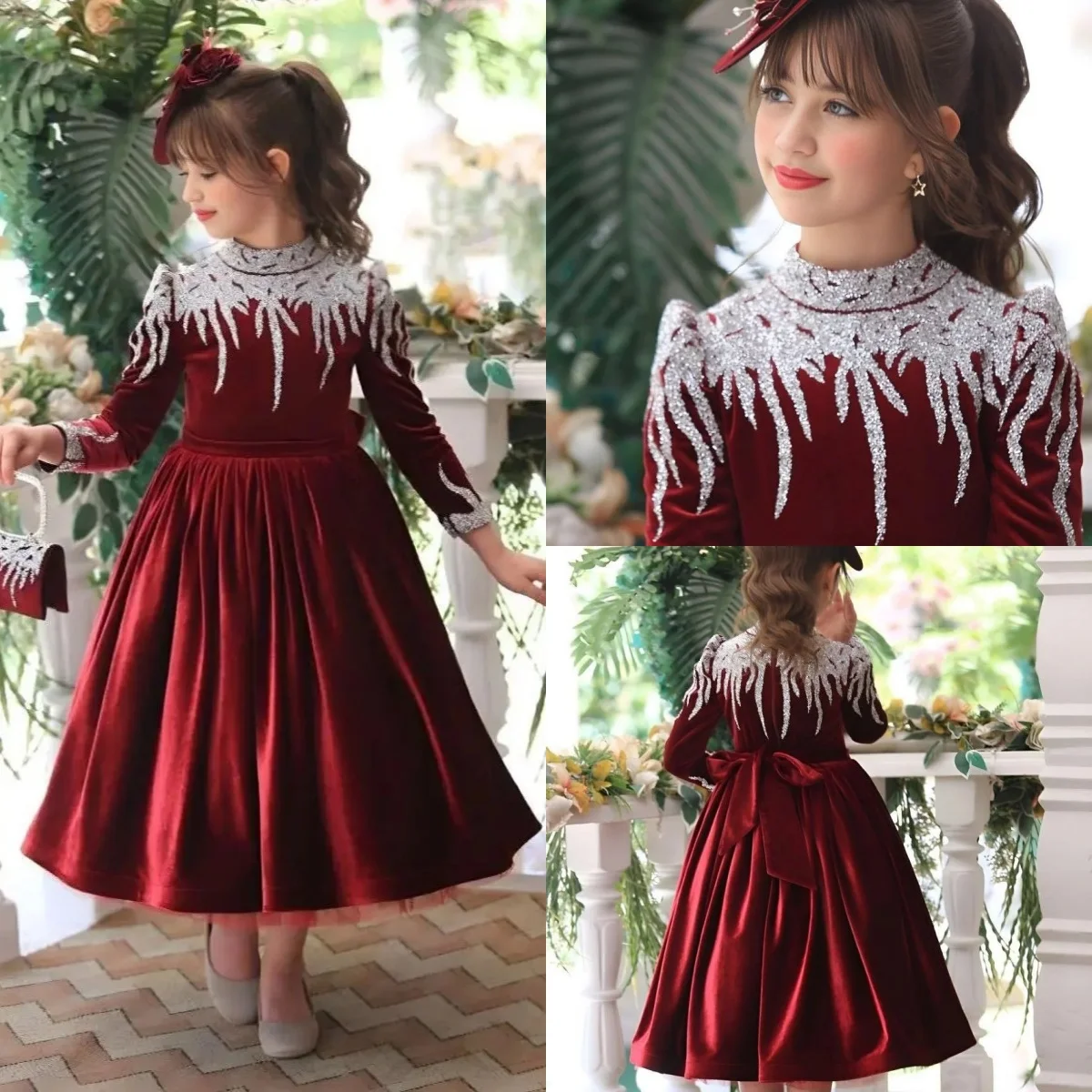 

Red O-Neck Flower Girl Dresses for Wedding Crystal Full Sleeves Baby Girl Birthday Gowns First Communion Gowns Customized
