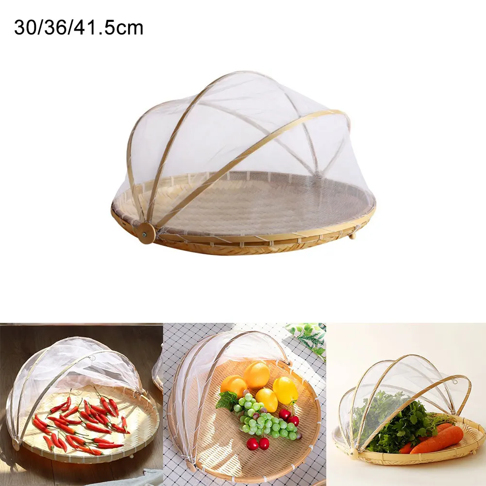 Bamboo Woven Basket With Anti-Mosquito Net Fruit Vegetable Basket Dustpan Round Dustproof Wicker Picnic Tray