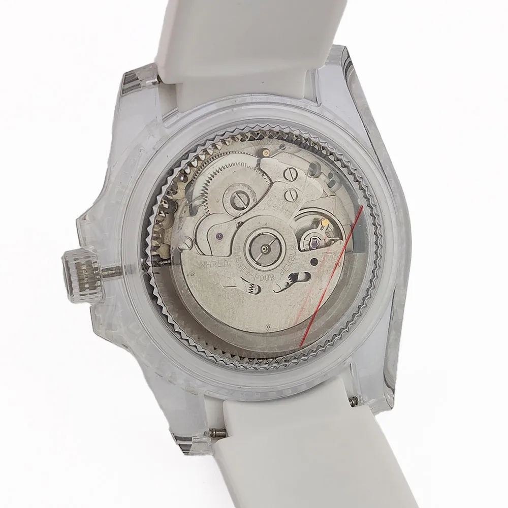 Orologio meccanico automatico con cassa in plastica trasparente luminosa da 40 mm, vetro acrilico, movimento NH35, orologio di lusso da uomo impermeabile 5ATM
