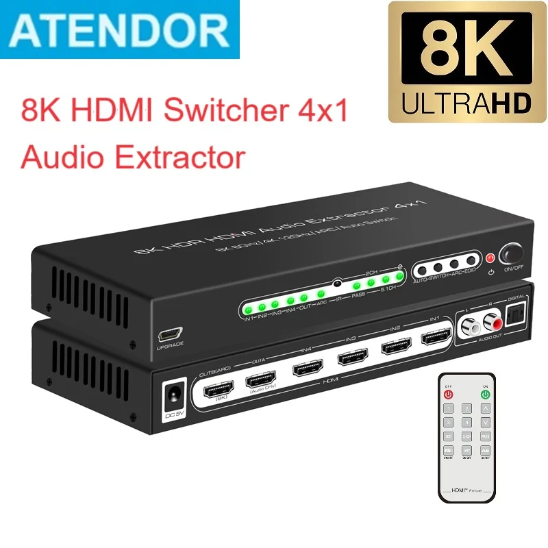 v2.1 HDMI-compatible Switcher Selector 4 In 1 Out ARC Audio Extractor 7.1 5.1 Audio Output Dolby Atmos HDR10+ 4:4:4 Dolby Vision