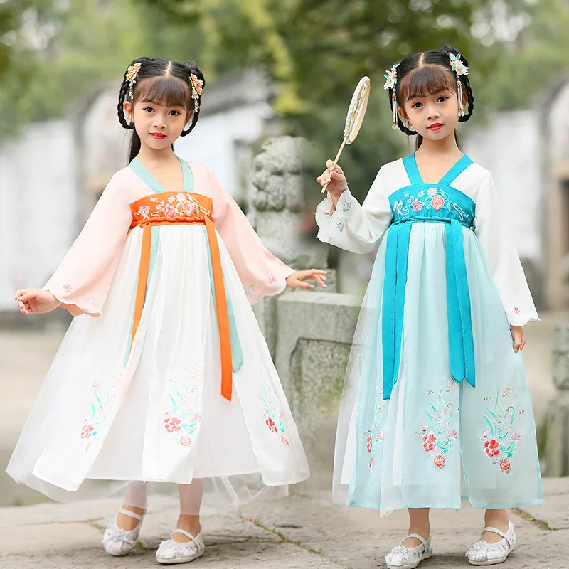 

Spring New Kids Long Sleeve Perform Costumes Chinese Lovely Ancient Hanfu Girls Cotton Lotus Embroidery Tang Suit Children