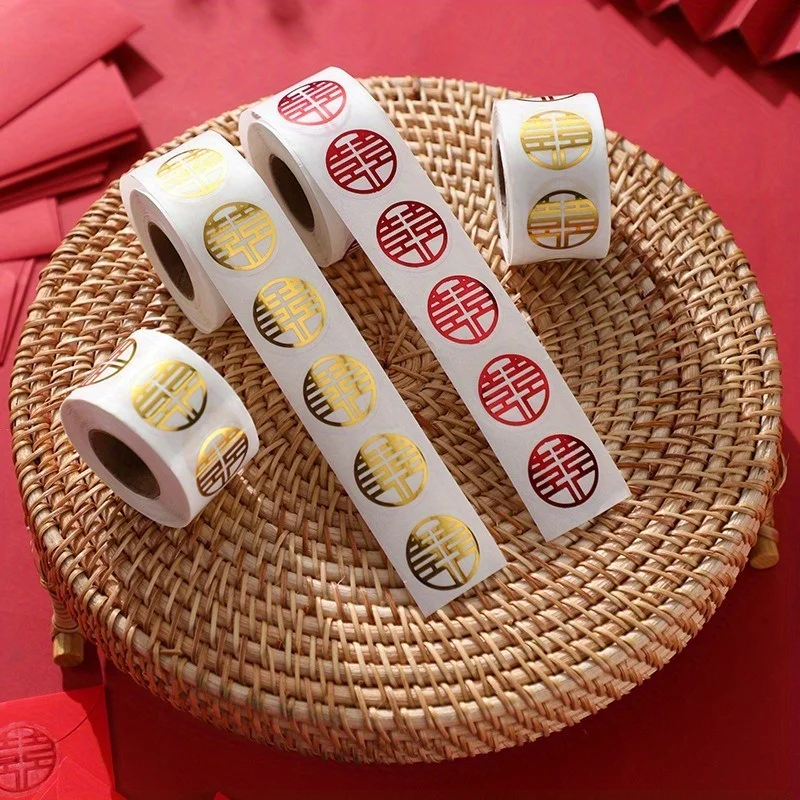 500pcs/rolls Chinese Style Xi Stickers, Happy Word Stickers Decor, China Vintage Stickers Tag Decorative Wedding Decals Applique