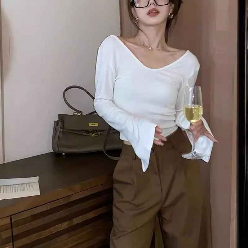 

6772 14-гольный облегающий вязаный топ Lazy Pure Desire во французском стиле с квадратным вырезом и высокой талией, короткими расклешенными рукавами