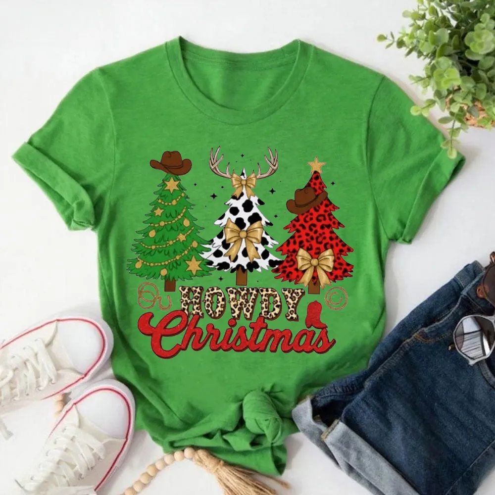 Howdy Christmas T Shirt Cowgirl Western Christmas Trees Tops Leopard Coquette Xmas Bow Tees High Quality Cotton Tops