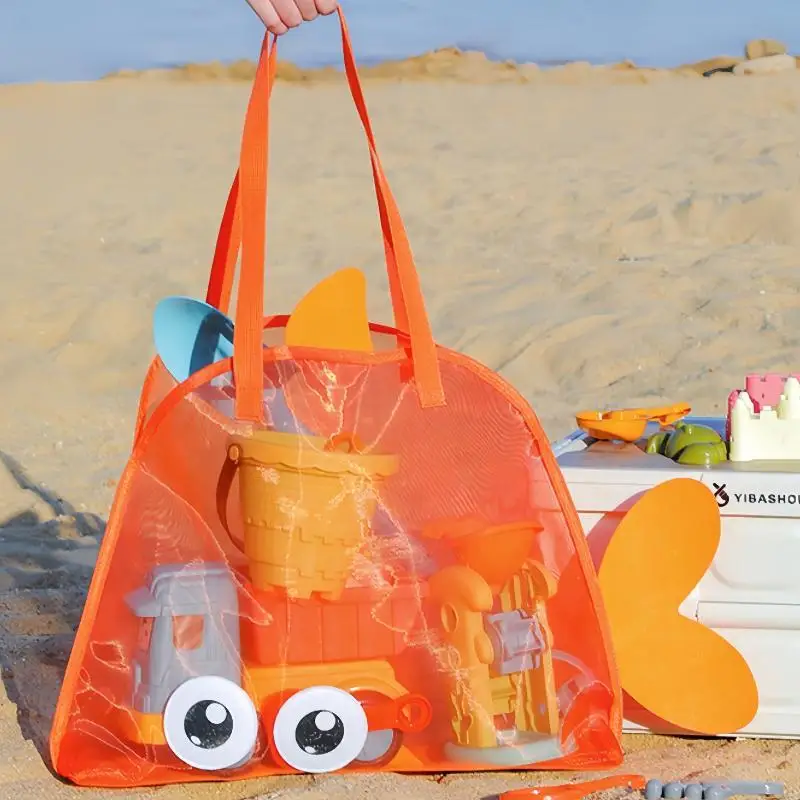 Sand Digging Toy Organizer Bag Cute Cartoon Large Capacity Mesh Portable Pouch for Family Seaside Vacation Play