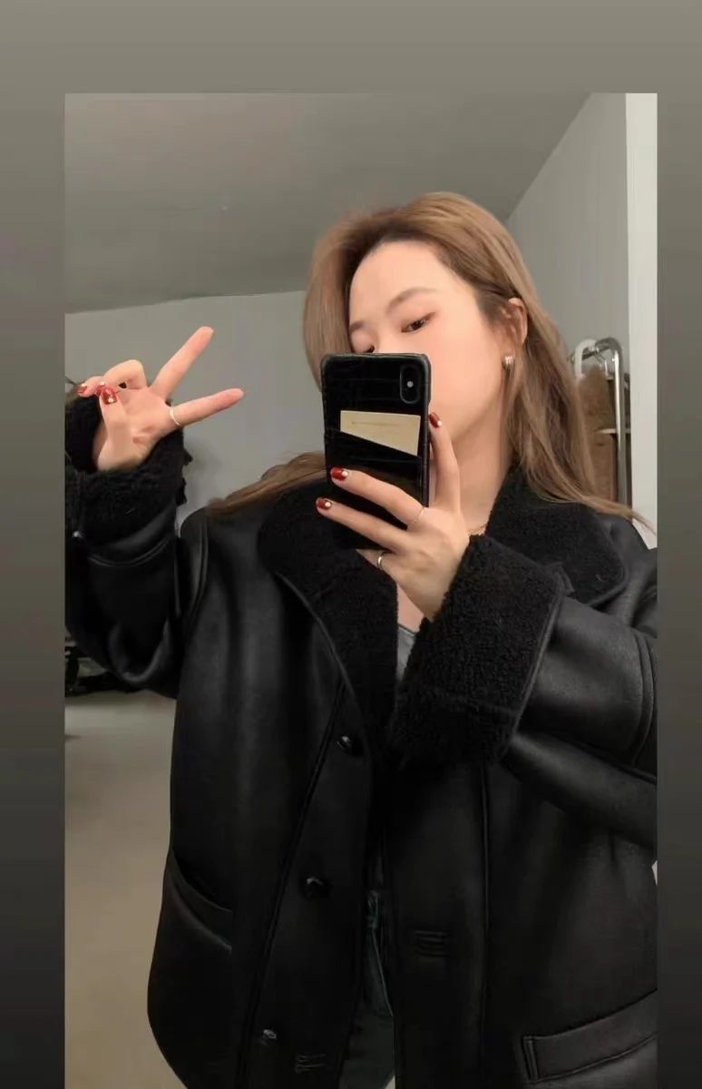 معطف نسائي دافئ من فراء الخروف من Thiened معطف دراجة نارية متوسط الطول شتوي جديد من الجلد الصناعي معطف طويل Sve