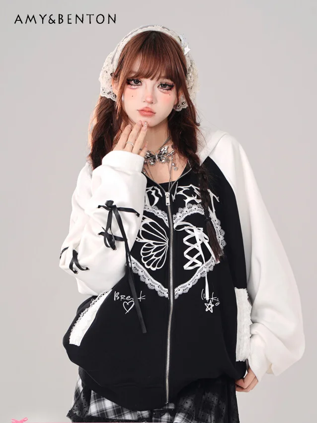 

Harajuku Sweet Lace Stitching Love Printed Hoodies Women Early Autumn New American Hot Girl Tied Long Sleeves Zip Up Hoodie