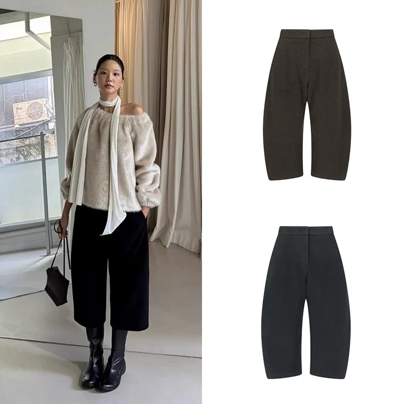Faionable Otoño Invierno Lana Perna ancha Cuchillo Pantalones de siete pulgadas para mujer Cintura alta Cierre de cremallera Coreano Sle Casual...