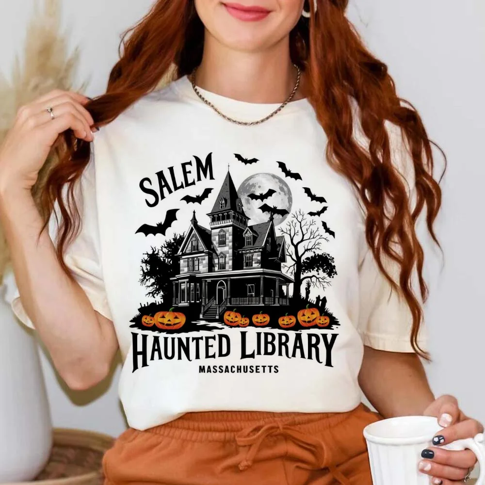 Vintage Salem Haunted Library Printed Fashion Style O-Neck T-Shirt Women's Gothic Summer Trendy Printed Top Loose Short Sleeve