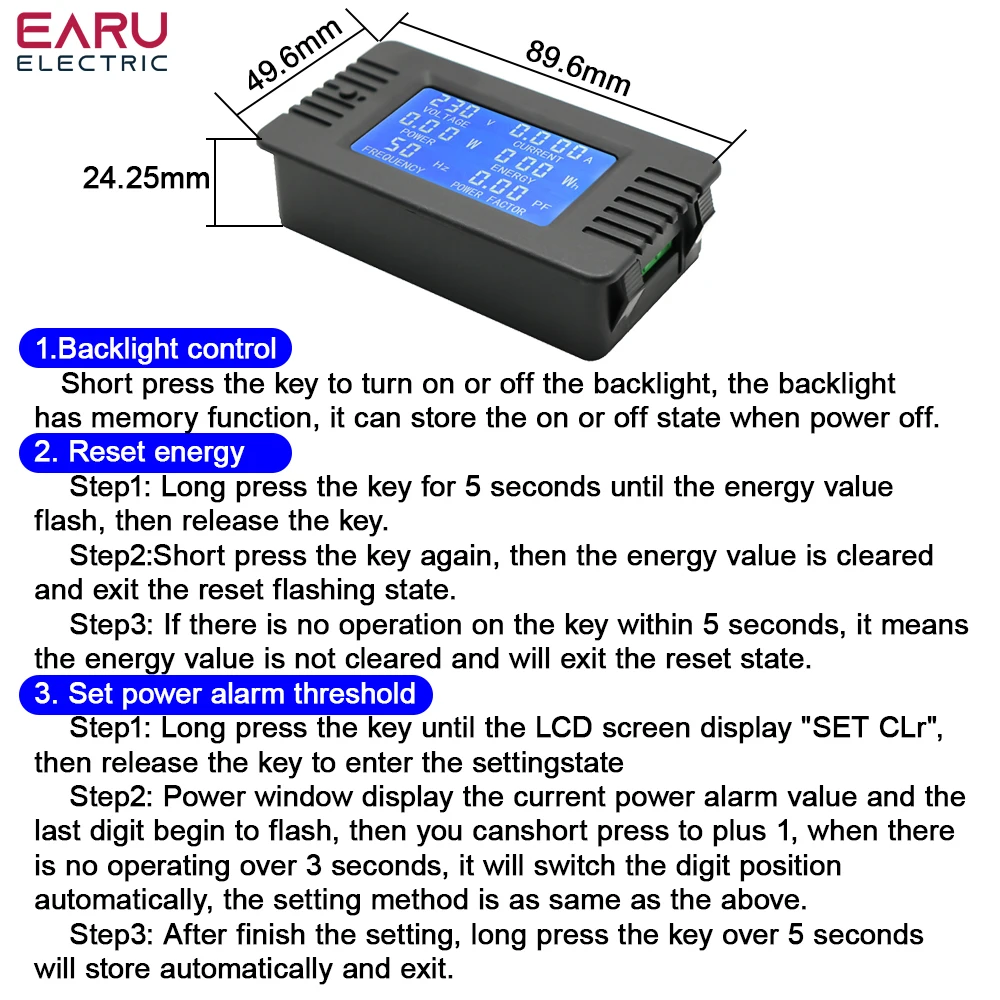 PZEM 5A 10A 100A Battery Capacity Tester AC80-260V 6in1 Voltage Current Power Capacity Meter Resistance Frequency Meter