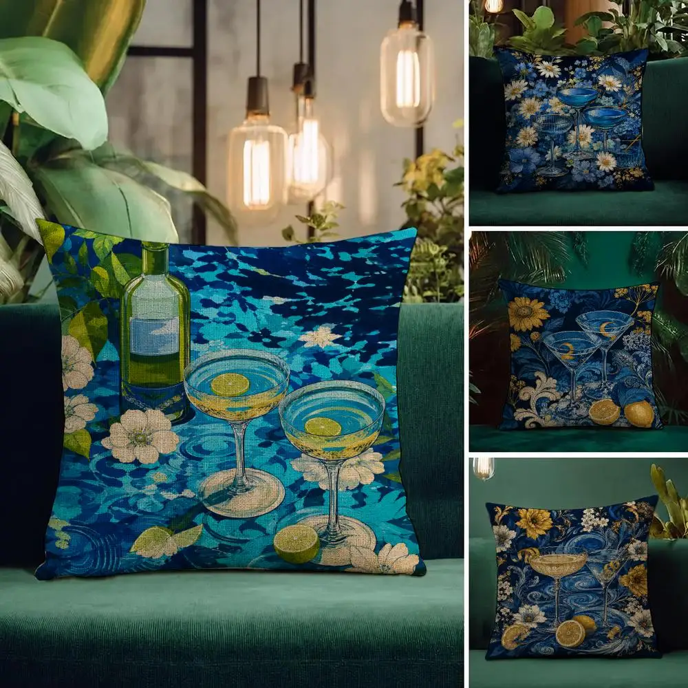 Art Best Selling Cocktail Glass Cushion Cover Natural Linen Pillowcase Set Cushion Cover for Sofa Bedroom Chair