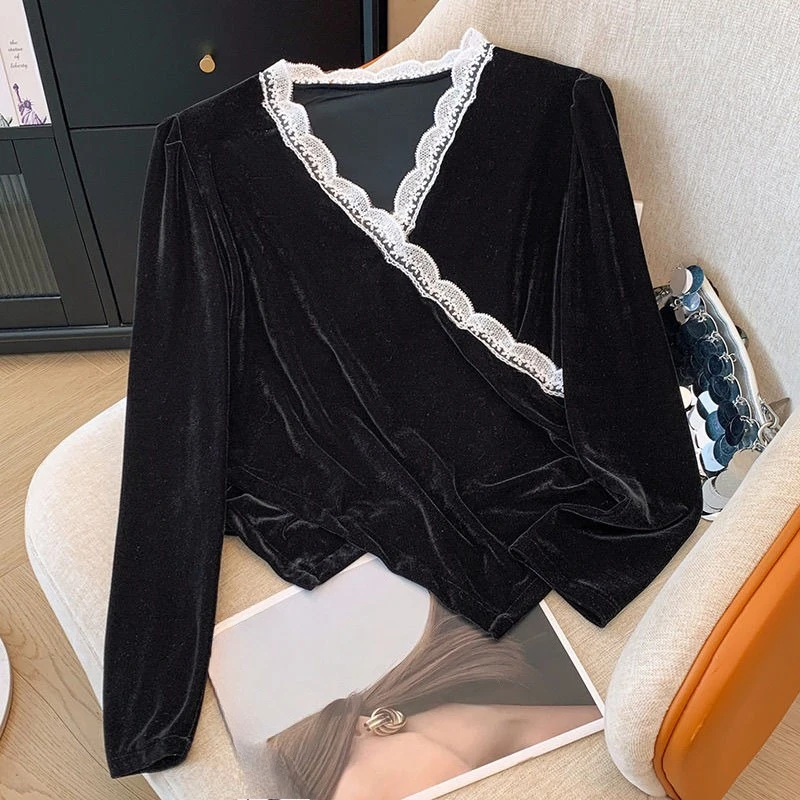 

Spring Fall Women Lace Patchwork V Neck Irregular Black Velvet Top Shirt , 2025 Autumn Velour Tops Shirts