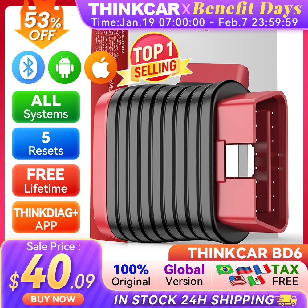 THINKCAR BD6 Bluetooth Scanner Car Diagnostic Tool OBD2 Scanner Full System Diagnose 5 Reset Free Auto Diagnosis OBD Code Reader