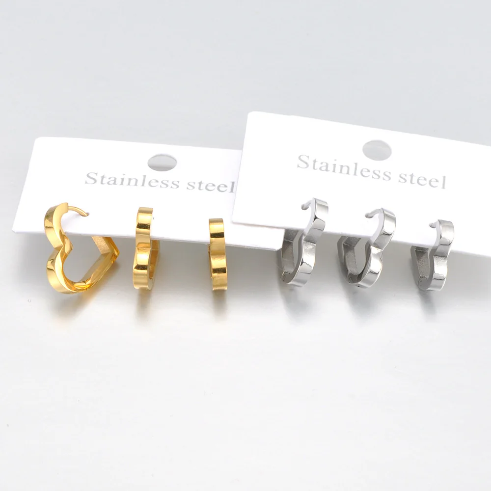 JeeMango 3Pcs/Pack Simple Stainless Steel Wholesale Heart Earrings For Women Girl Gold Plated Hoop Earring Jewelry Birthday Gift