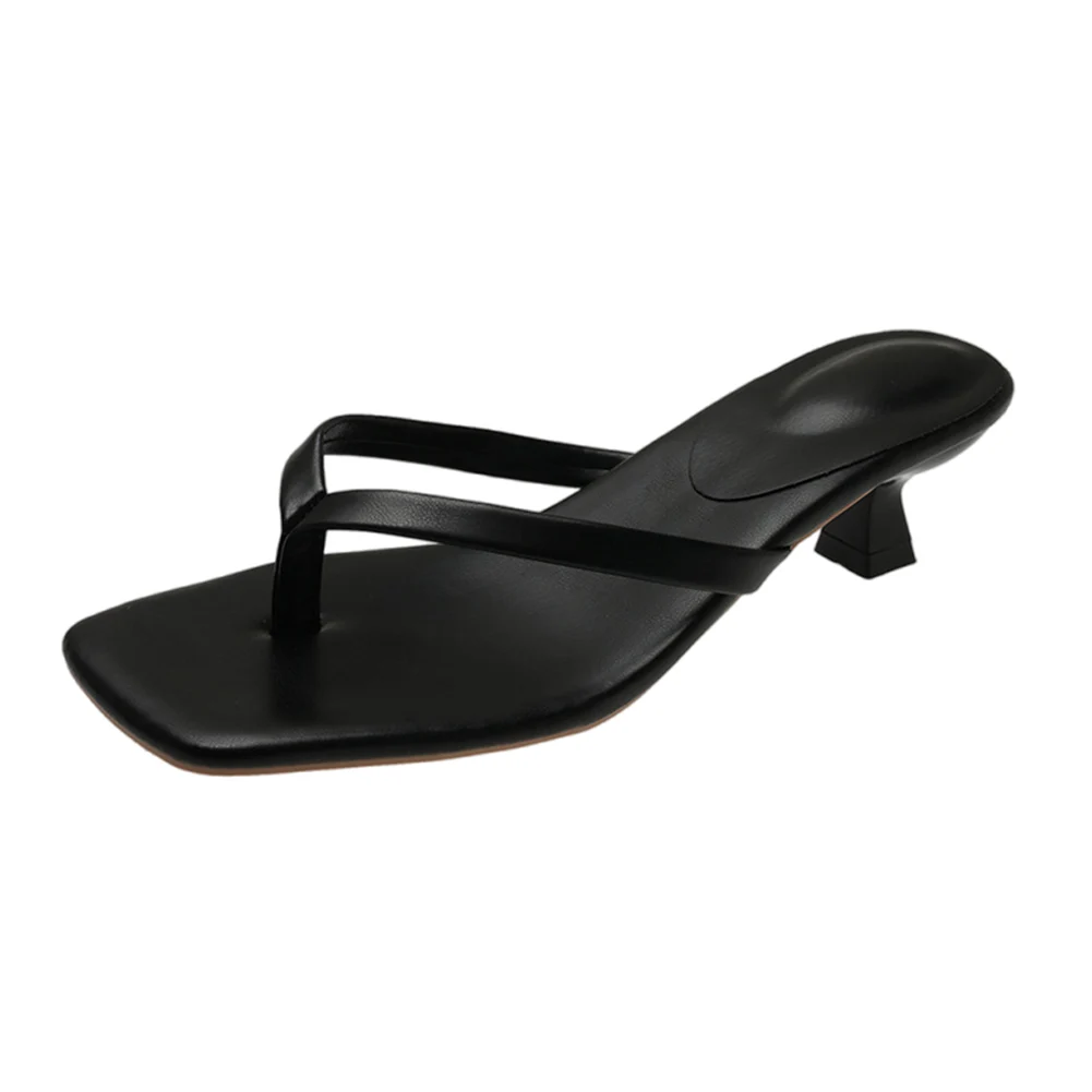 Women Stiletto Square Toe Sandals Solid Color Casual Flip-Flops PU Leather Thin Heel Flip Flops for Seaside Beach Travel image 4