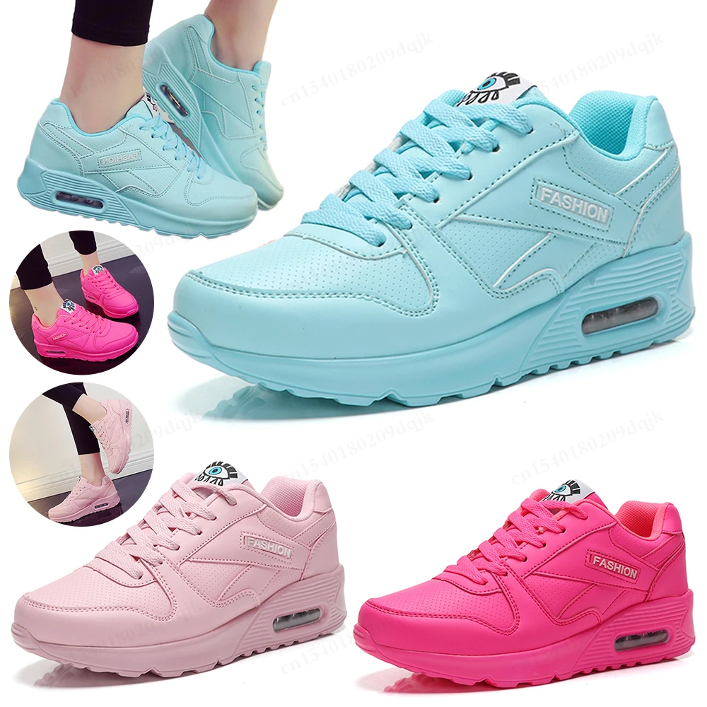 Women Fashion Sneakers Air Cushion Sports Shoes Pu Leather Blue Shoes White Pink Outdoor Walking Jogging Shoes Female Trainers