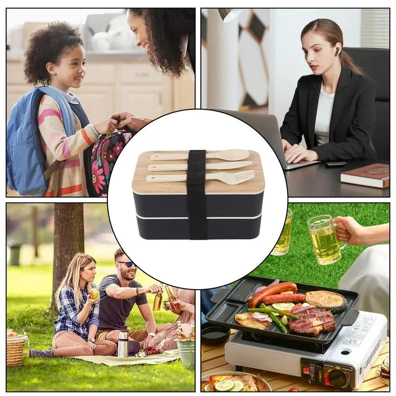Adult Lunch Box Double Layer Containers Japanese Style Microwavable With Wooden Lid Leak Resistant Boxes Perfect for outdoor
