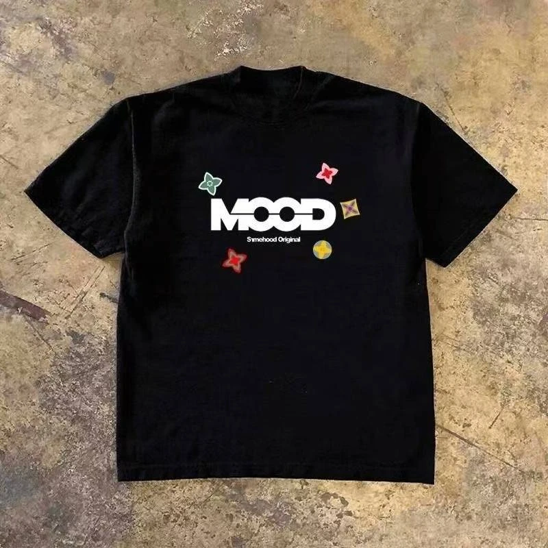 2026 Cute Color Star & MOOD Letter Print T-shirt, Simple Front Graphic Short Sleeve Tee, Fresh Street Casual Top for Women Men