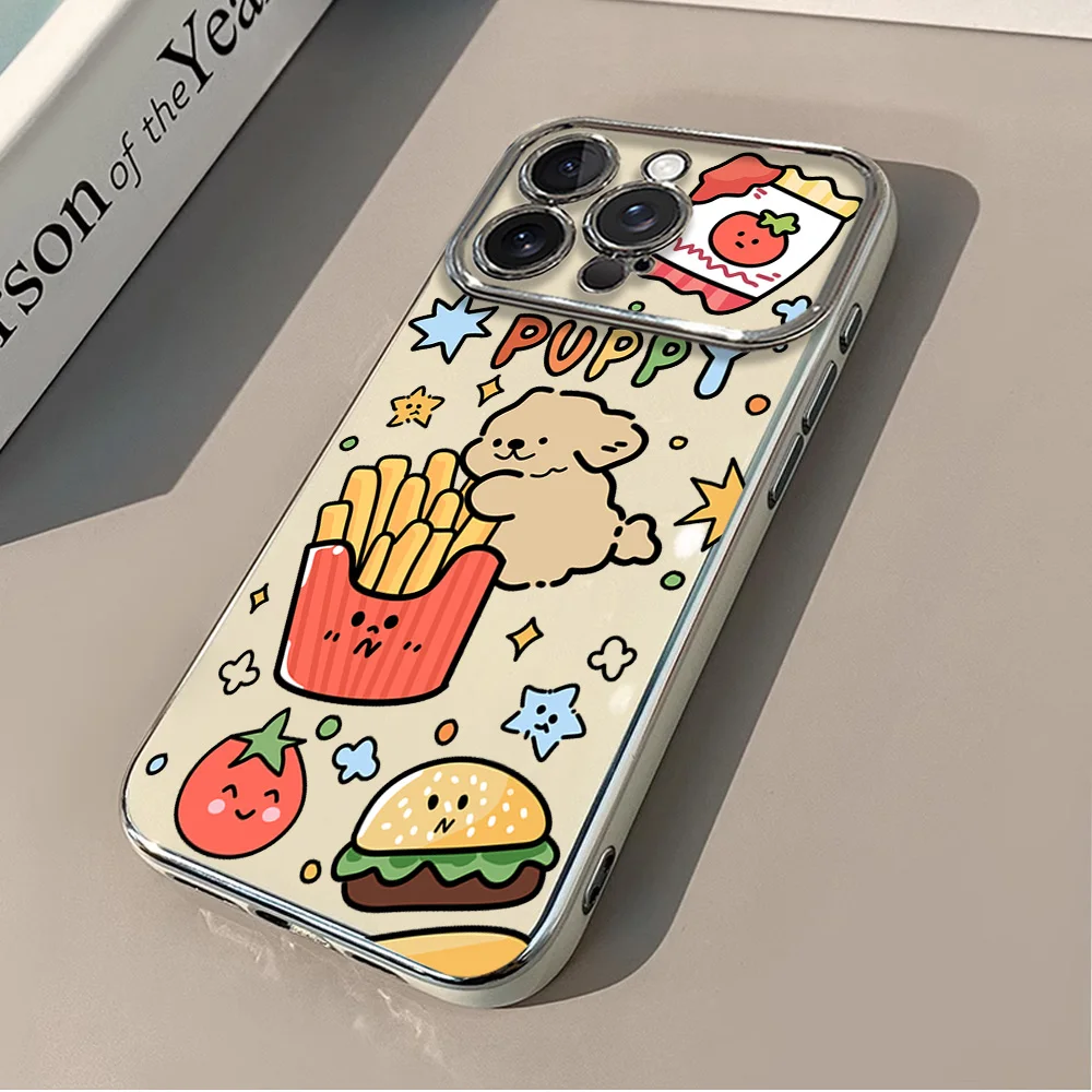 Line Puppy Cartoon Hamburger Cute Couple Electric Ferry Large Window Phone Case For IPhone 12 11 13 14 15 16 Max Pro Plus Shell