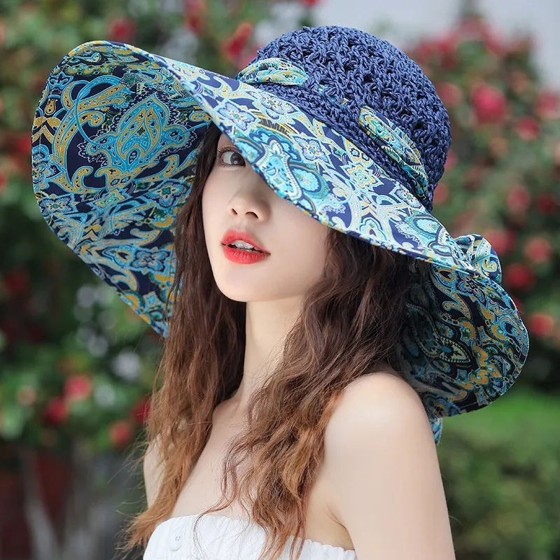 MAXSITI U Large brim sunscreen sun hat female Bohemian Beach Hat Tie Dyed breathable sunshade straw hat fisherman hat