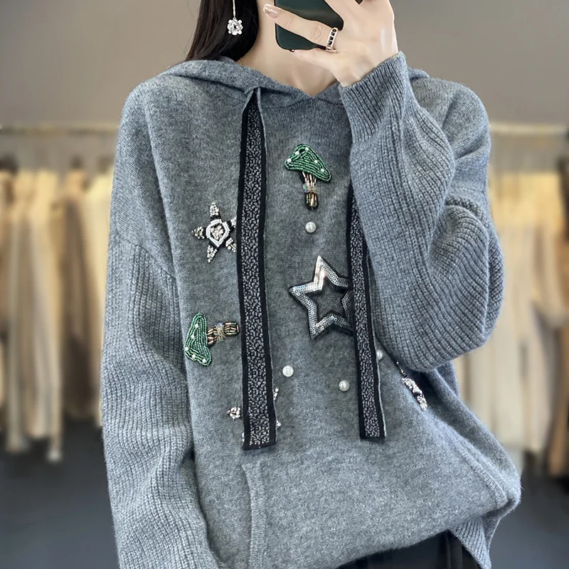 2023 Fall/Winter Cashmere Sweater Women's Hooded Pullover Casual Knitted Sportswear 100% Merino Wool Fashion Large Size Clothing