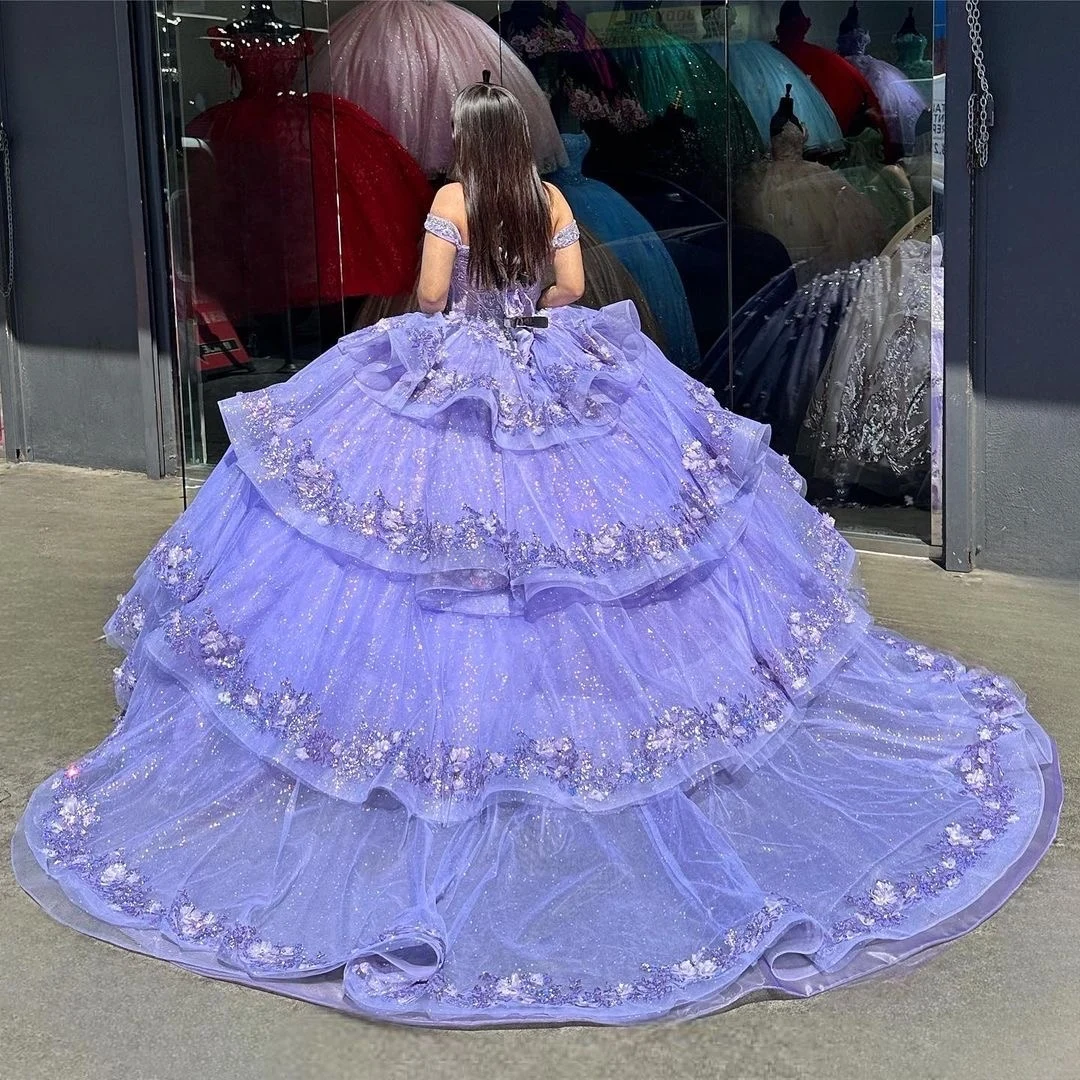 Vestido De encaje con cuentas De cristal y purpurina Lila, flores 3D, Princesa, quinceañera, tren escalonado desmontable, 15 Años